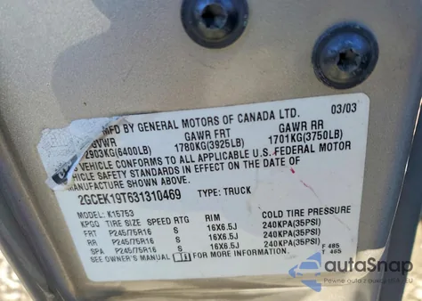 2003 Chevrolet Silverado K1500 from USA, damaged, VIN 2GCEK19T631310469